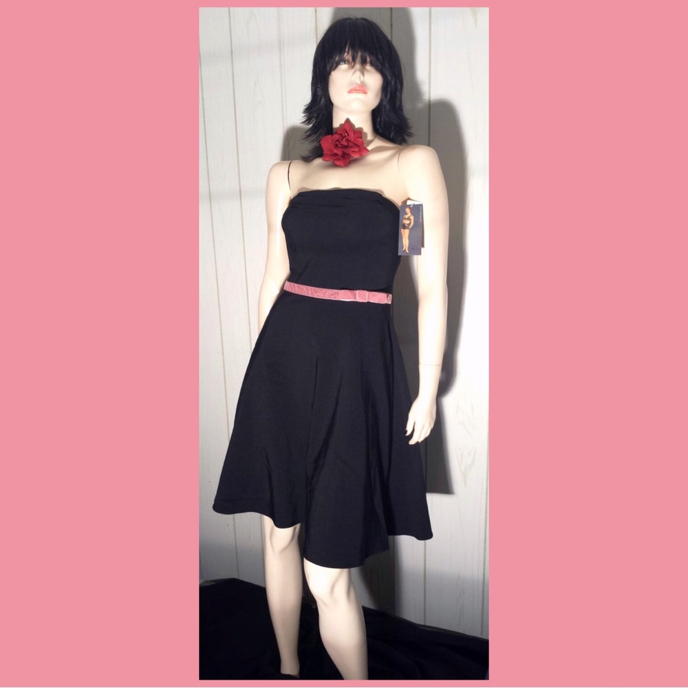 VTG Pinup RUBY ROX Black Strapless Pink Bow Fit & Flare Retro Party Dress NWT